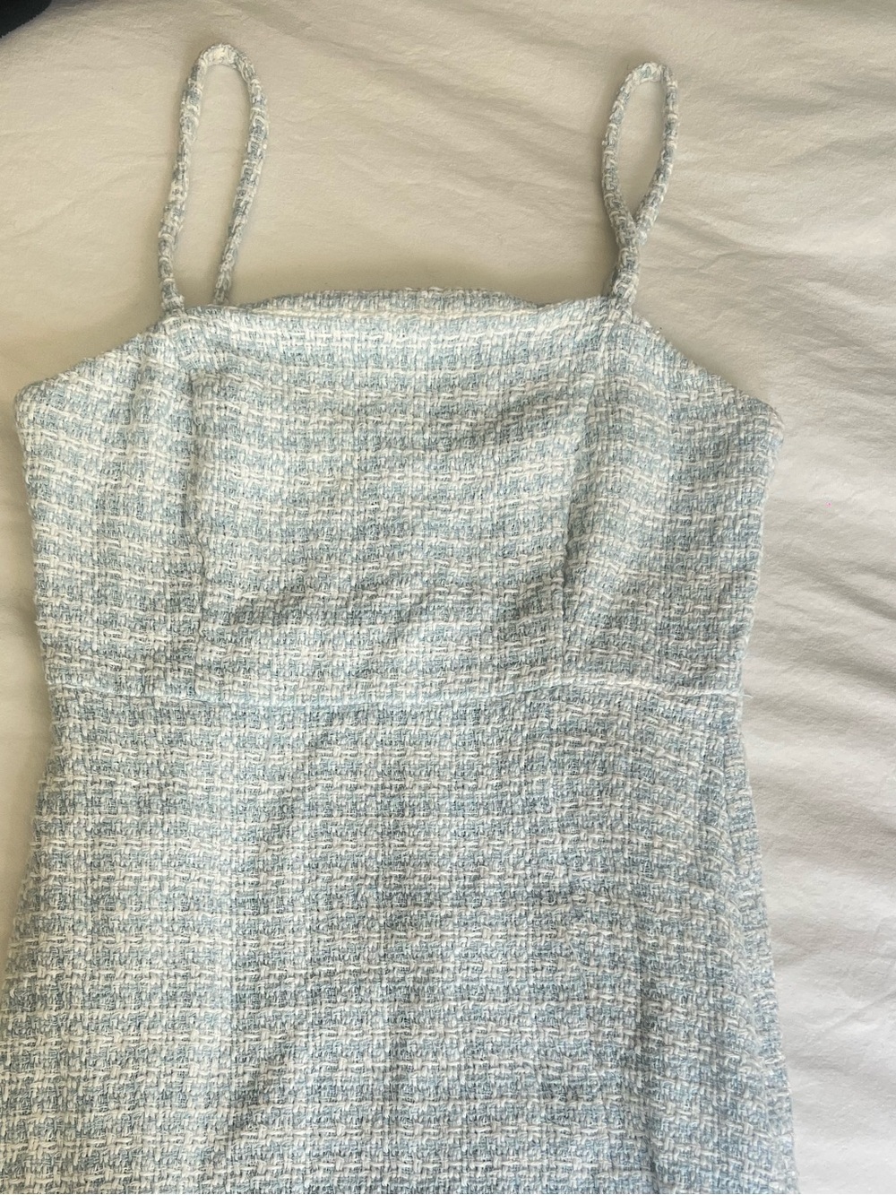 Zara Pale Blue Tweed Mini Dress with Spaghetti Straps